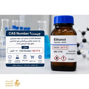 CAS Number یا شماره ثبت مواد شیمیایی روی برچسب یک بطری آزمایشگاهی
