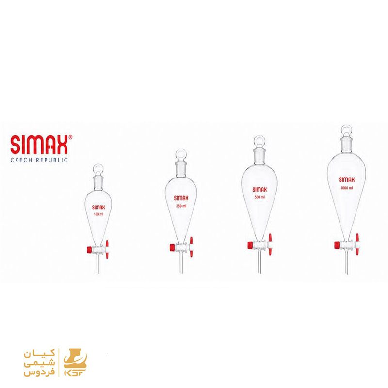 قیف دکانتور شیشهای SIMAX ساخت جمهوری چک با شیر تفلونی، مناسب جداسازی مایعات و استخراج مایع-مایع در حجمهای 100، 250، 500 و 1000 میلیلیتر.